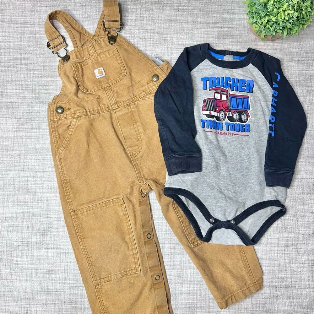 Carhartt Classic duck canvas bib overalls and long sleeve onesie bundle
